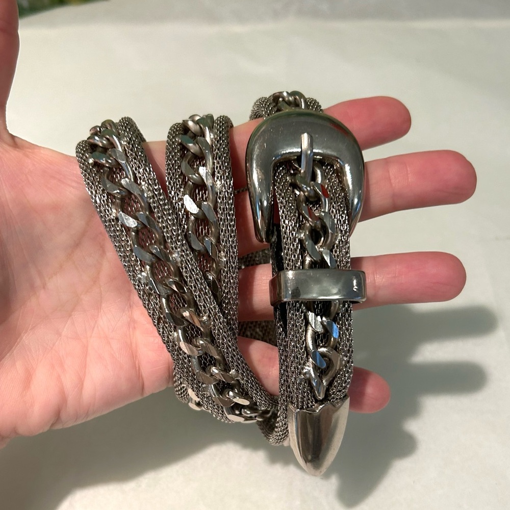 Vintage Heavy Weight Metal Mesh & Curb Silver Chain Belt - Picture 4 of 8